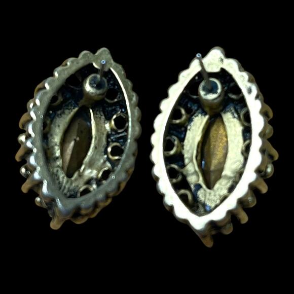 Vintage Amber Glass Marquise Stone Brass Tone Post Earrings - Picture 10 of 16